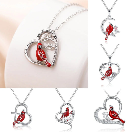 Heart-shaped cardinal pendant necklace in silver, unisex animal model jewellery