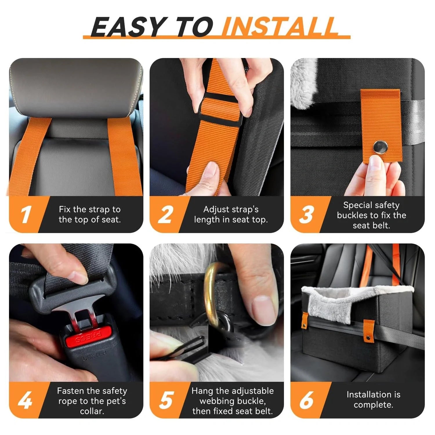Portable dog booster seat with safety leash for small pets in car