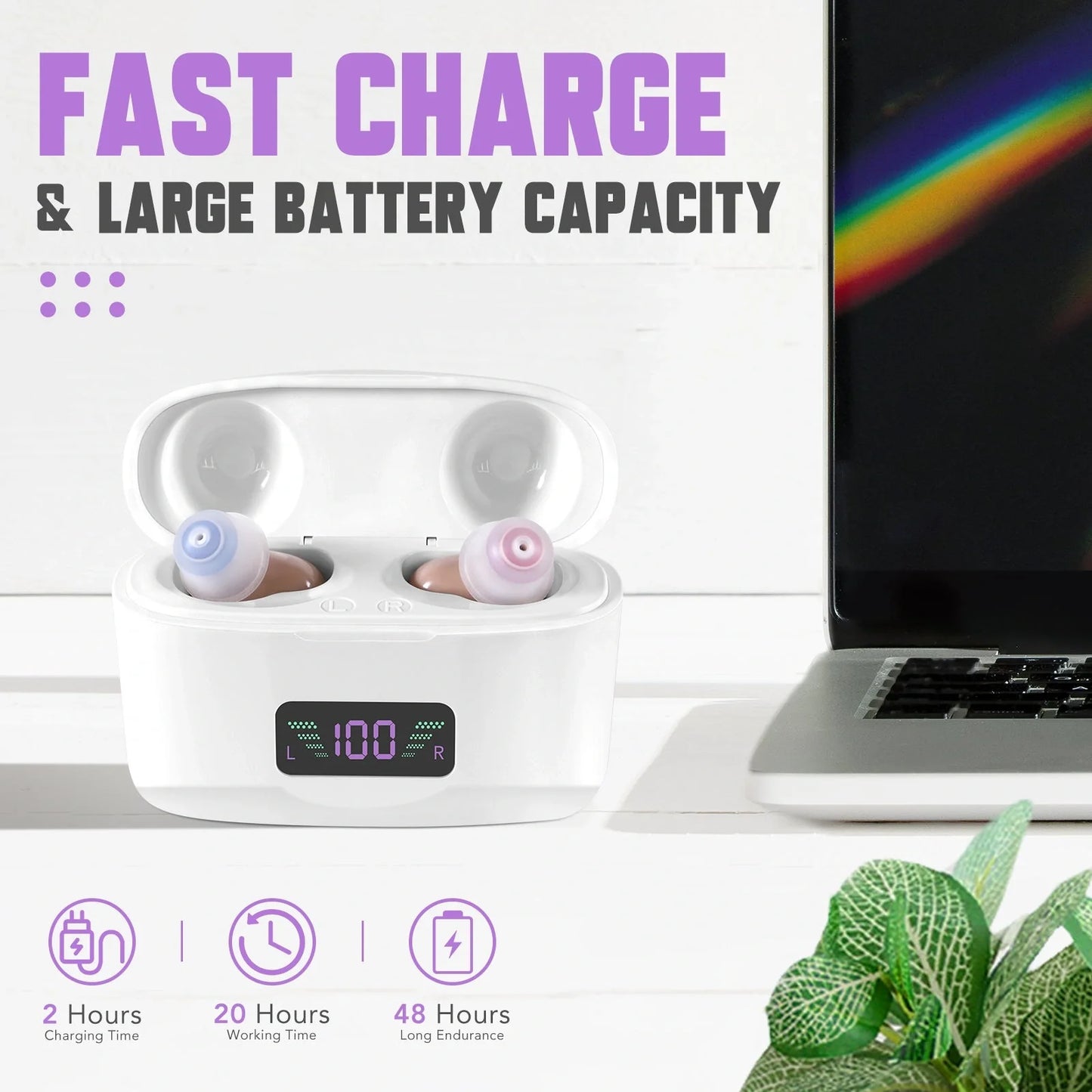 Portable hearing aid charging case with sound amplifier in sleek skin color