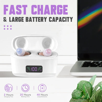 Portable hearing aid charging case with sound amplifier in sleek skin color