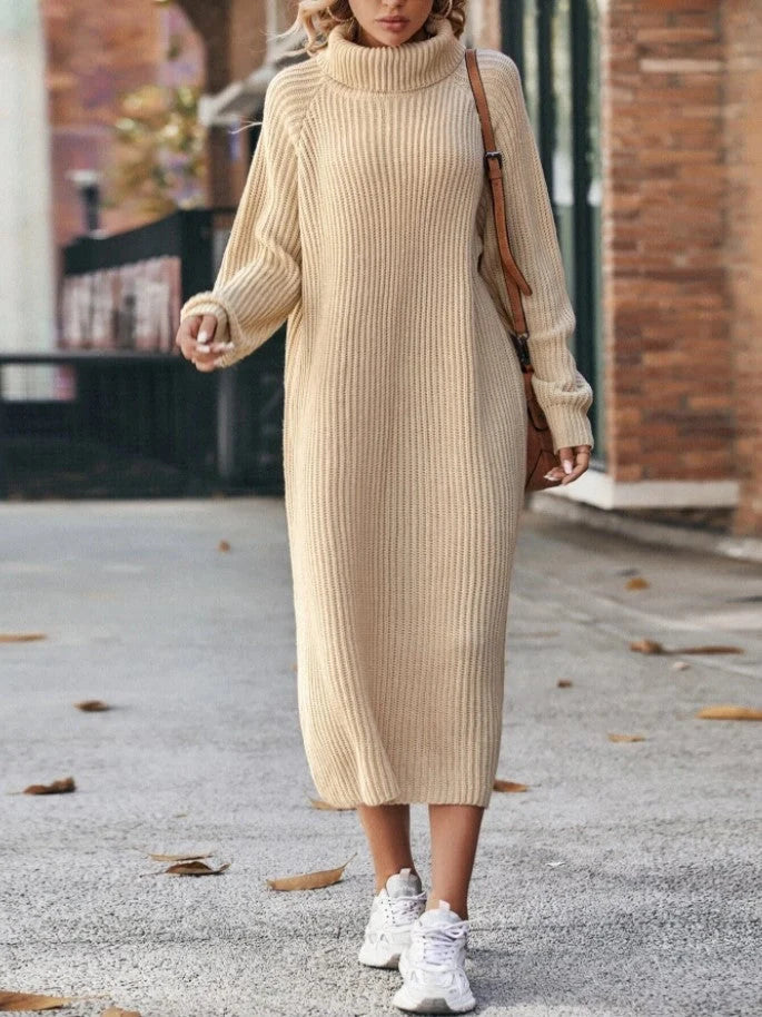 Cosy knitted turtleneck dress in a range of colours, including milky white, caramel, black, dark gray, and dark green