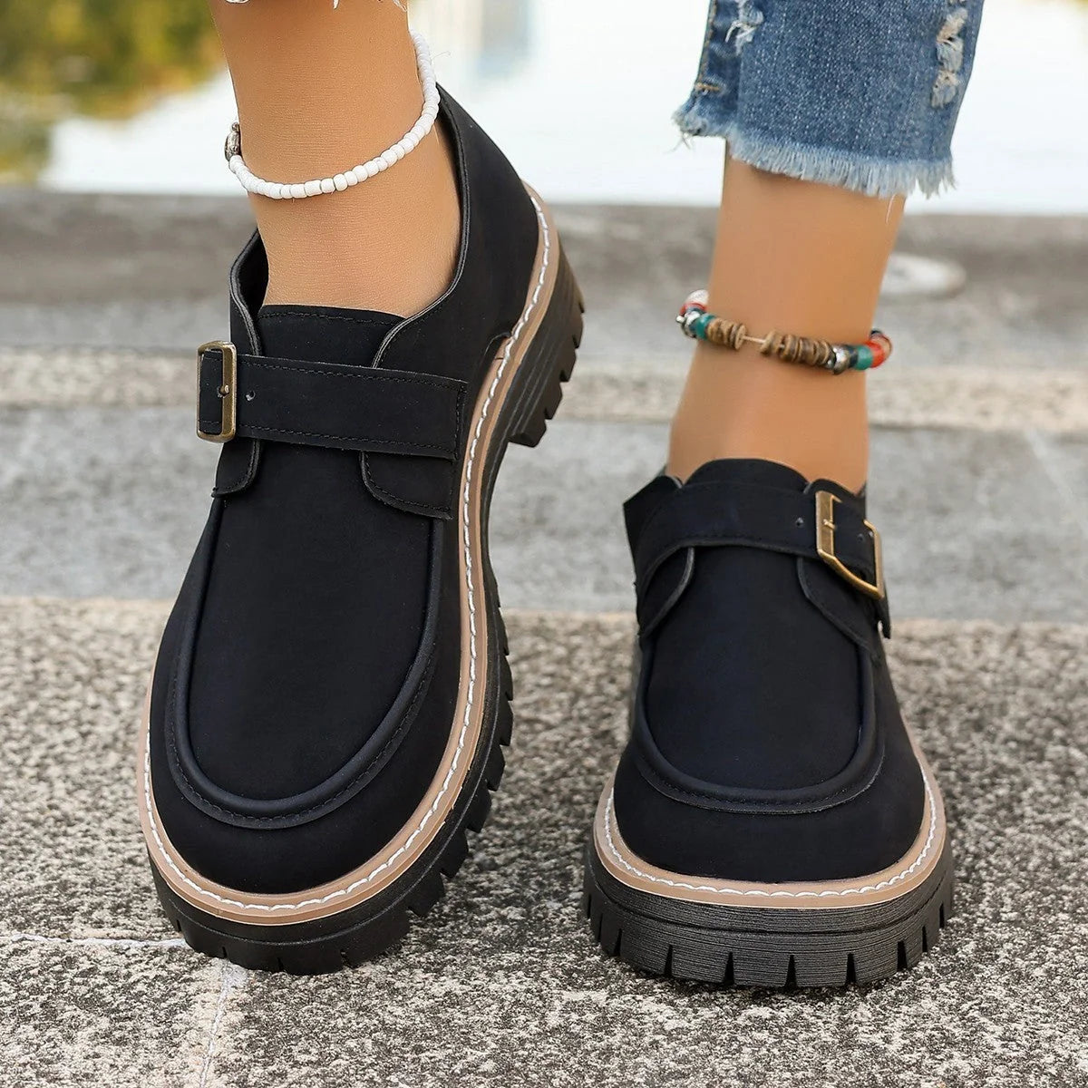 British style buckle loafers for women with thick soles in black and brown