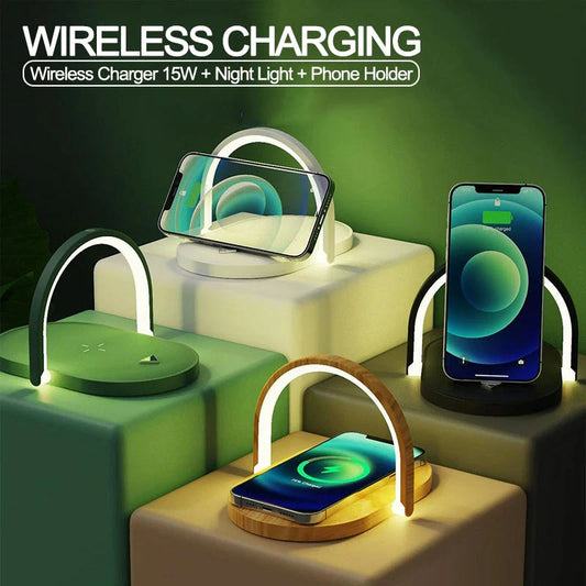Foldable Wireless Charger with adjustable LED night light in white, black, green, and wood grain