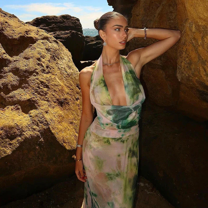 Tie Dye Printing Deep V-neck Halter Backless Long Dresses Set for Women in green and purple