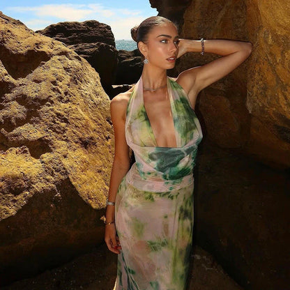 Tie Dye Printing Deep V-neck Halter Backless Long Dresses Set for Women in green and purple