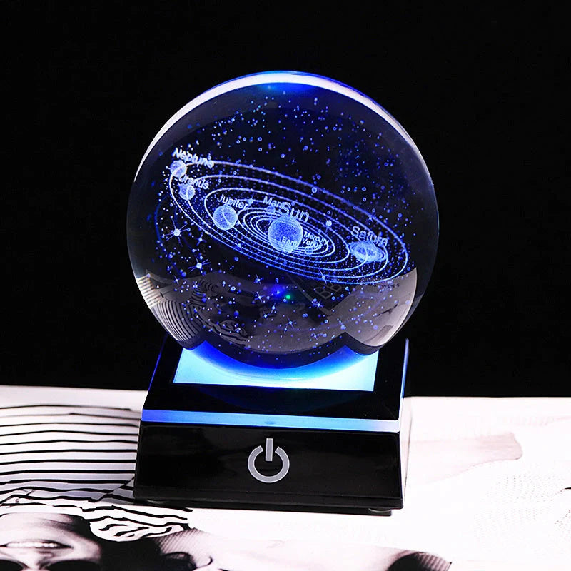 LED Music Box with luminous crystal ball showcasing Milky Way or Solar System 3D perspective