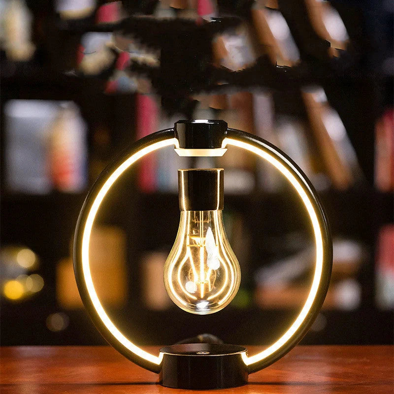 Magnetic Levitation Bulb floating above its base with a black metal shade