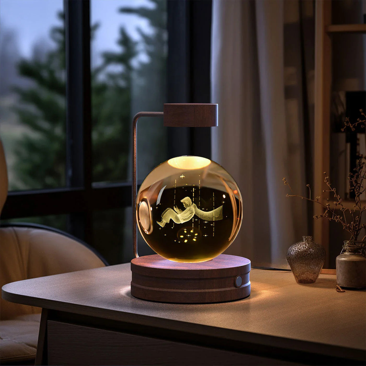 Enchanting crystal ball night light with cosmic designs, creating a warm and soothing ambiance in any room.