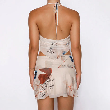 Women's summer V-neck halter top and pleated skirt set in printed colours