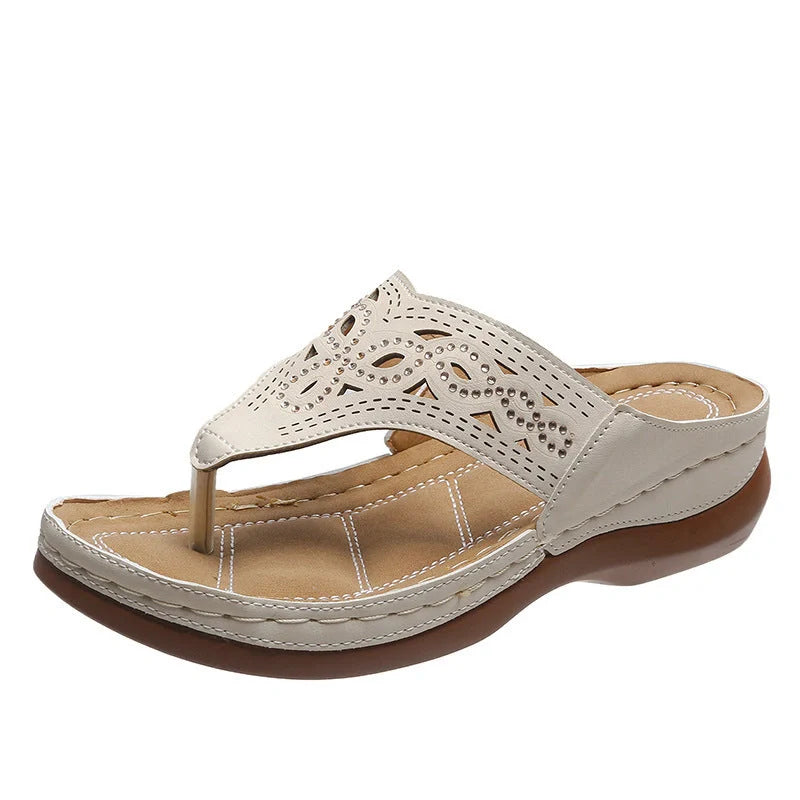 Women's clip toe wedge sandals with rhinestone accents in black, dark grey, and off-white