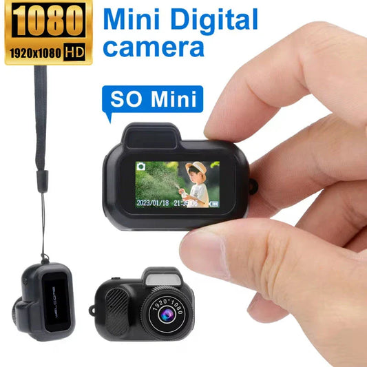 Compact 1080p HD mini camera with touchscreen display for capturing photos and videos on the go