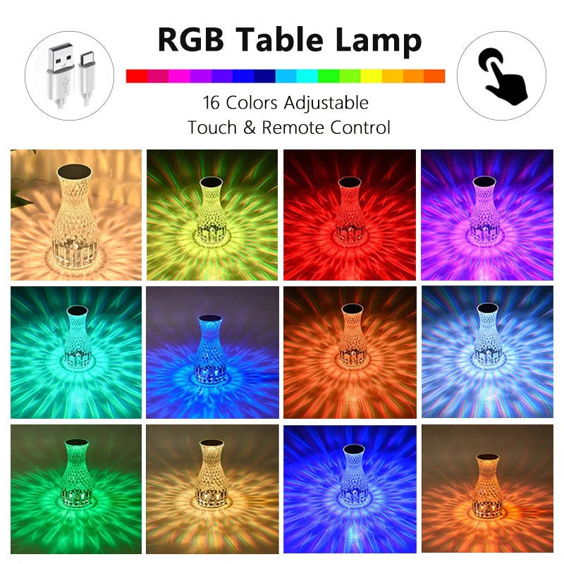 Vase Shape Atmosphere Crystal Lamp with USB charging and remote control on a bedside table
