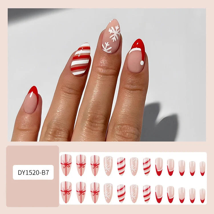 24pcs Christmas false nails with hat striped snowflake design for holiday parties