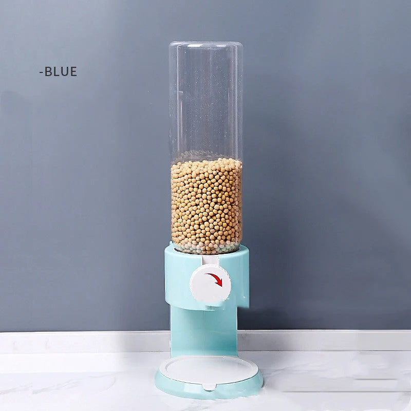 Airtight food storage bottles in white, blue, black, and pink, with transparent body and sealing lid