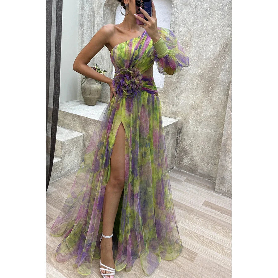 Stylish mesh tie-dye off-shoulder slit dress for summer parties and events