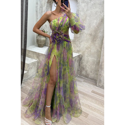 Stylish mesh tie-dye off-shoulder slit dress for summer parties and events