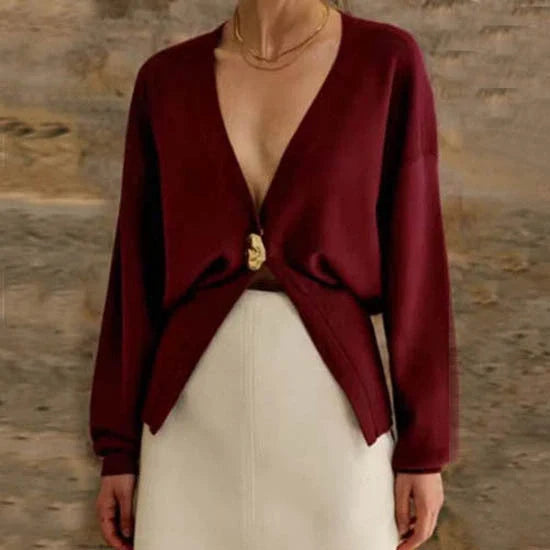 Women's V-neck Button Cardigan Knitted Sweater in brown and black