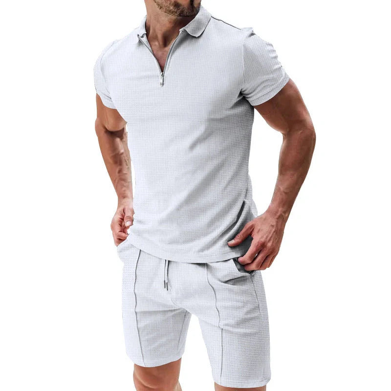 Men's summer waffle suit set with zipper lapel and drawstring shorts in various colours