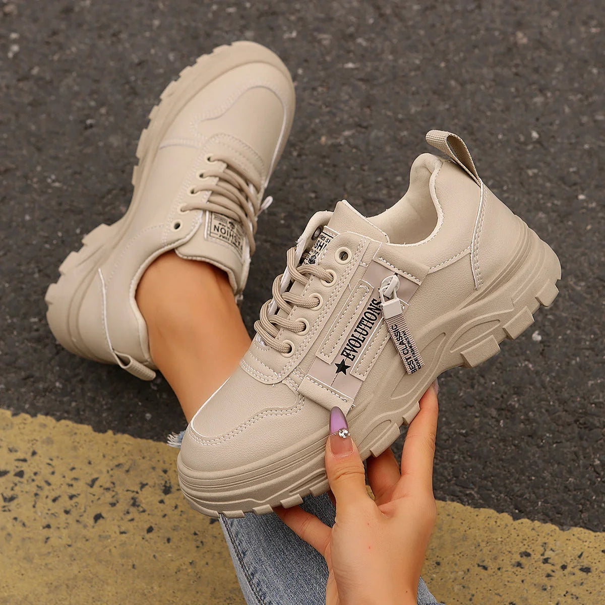Women's lace-up sports sneakers with side-zipper in white, black, and cream white