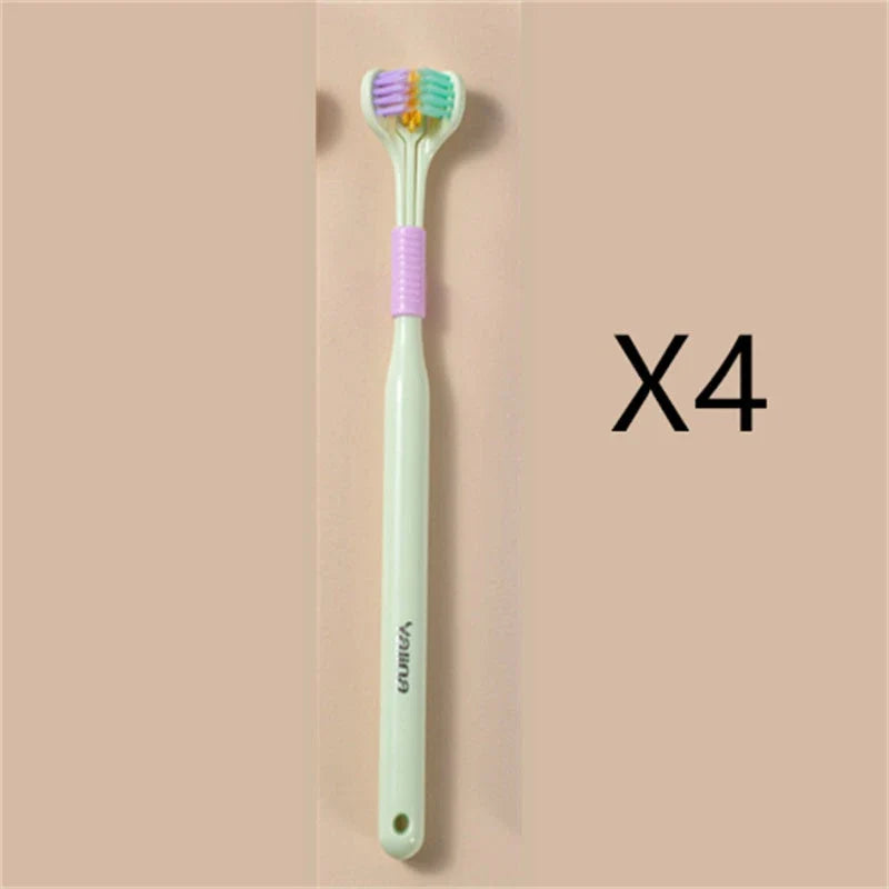 Soft bristle toothbrush with 3-sided brush head for thorough dental cleaning