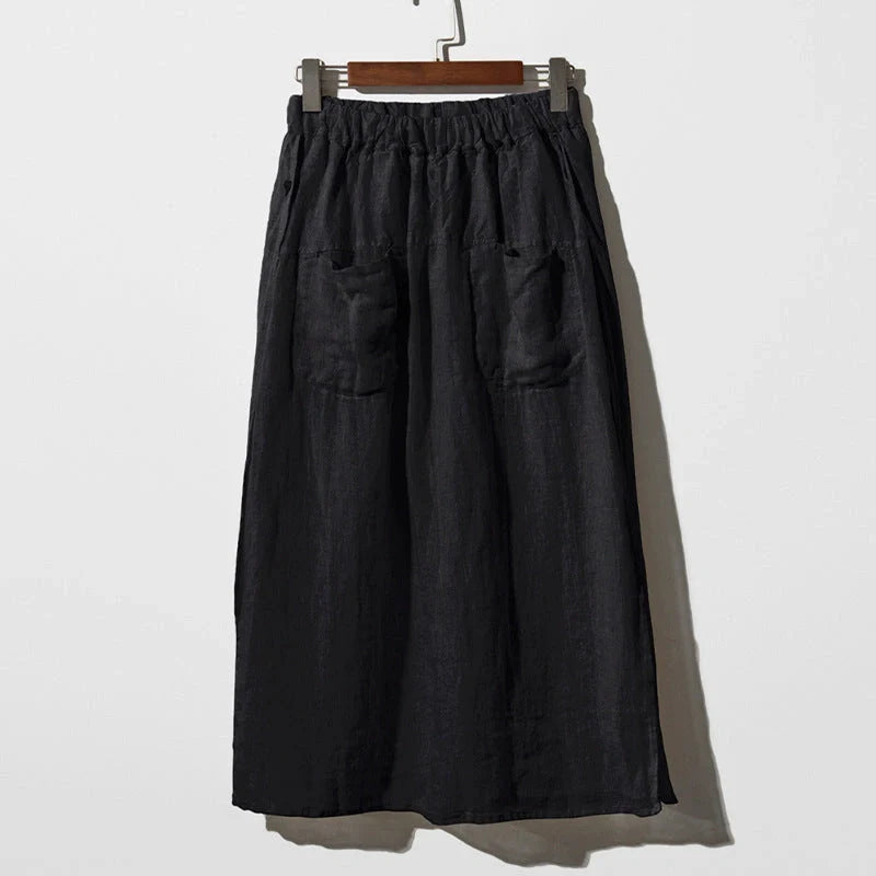 Elegant pure linen wide leg culottes with elastic waist and double pockets in summer colors