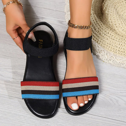 Stylish colour-block elastic sandals with fish-mouth design, featuring a variety of vibrant hues and comfortable rubber soles.