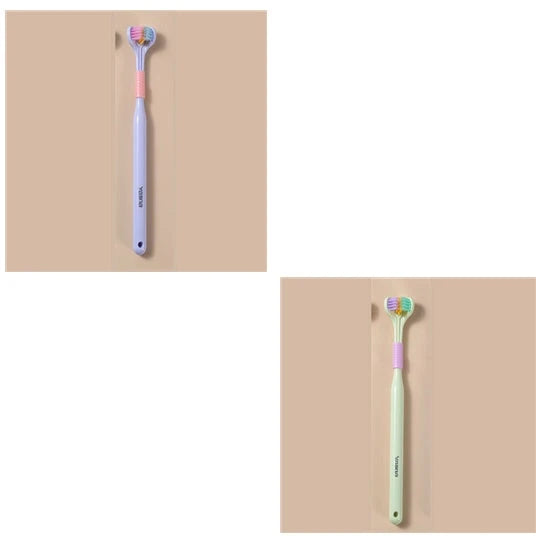 Soft bristle toothbrush with 3-sided brush head for thorough dental cleaning