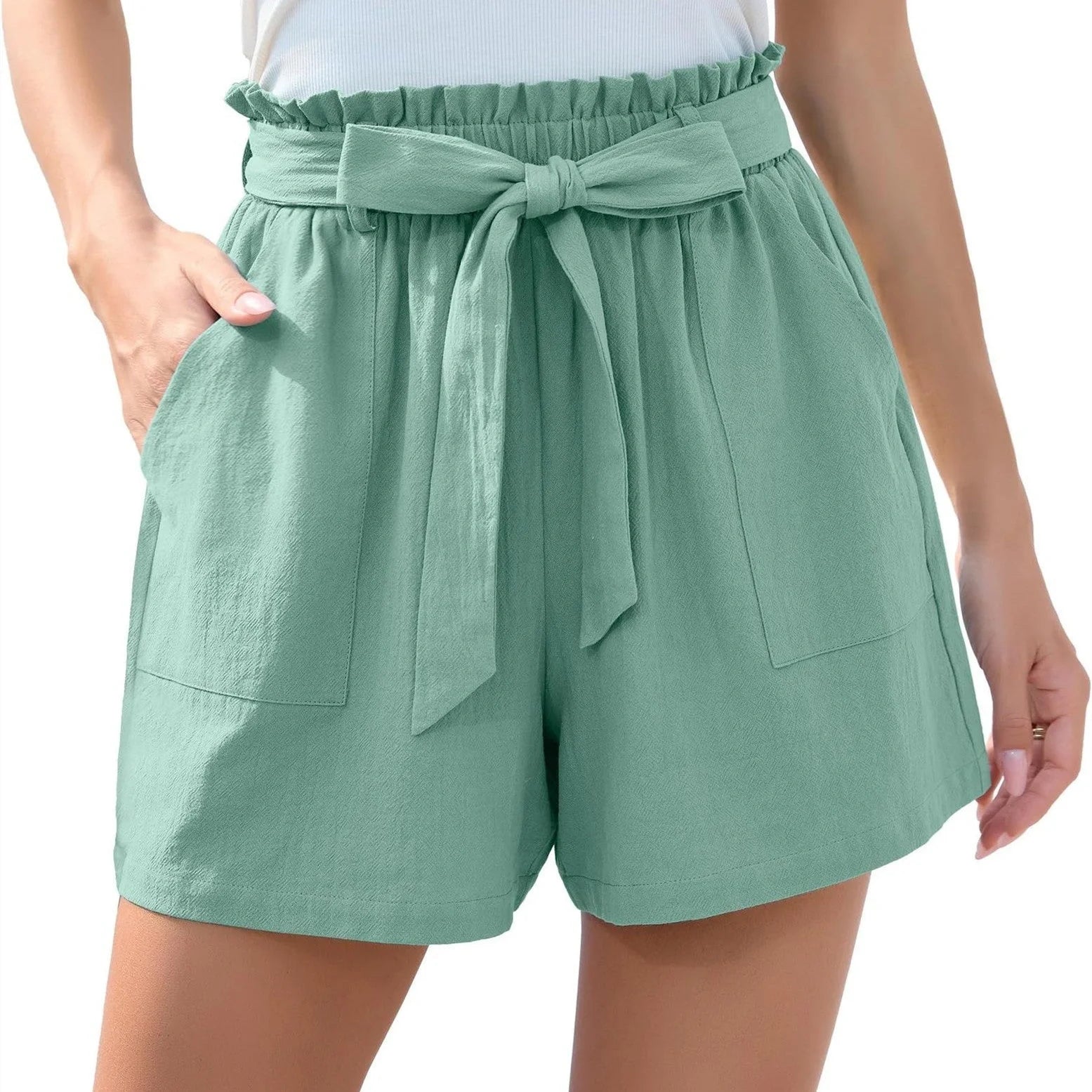 Stylish high waist women's shorts with ruffle bow tie detail and pockets for summer