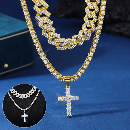 Exquisite cross pendant necklace with rhinestone paving, available in gold and silver colours with various chain styles