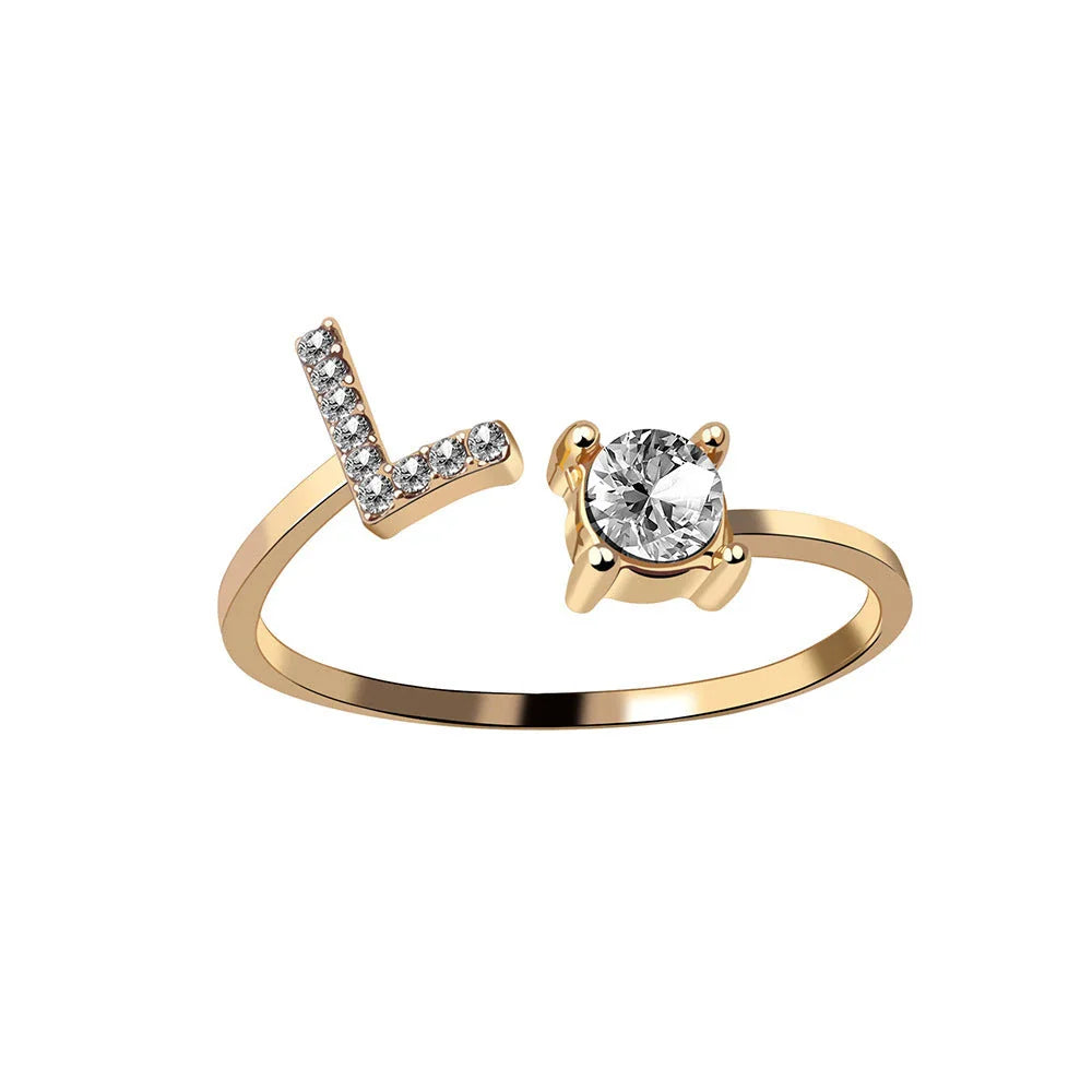 Customizable adjustable ring with 26 letters for women, featuring zircon stones and copper alloy construction