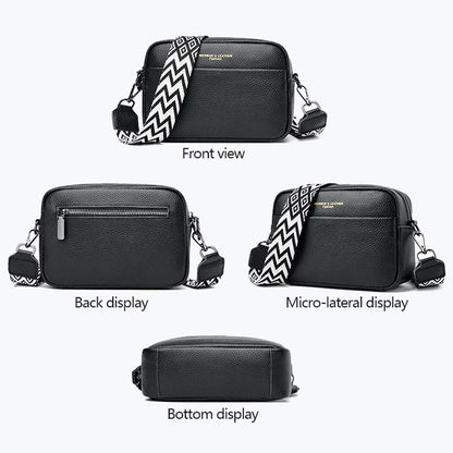 A fashionable crossbody bag with a rhombus embroidered strap, available in multiple colors including black, beige, green, blue, and khaki.