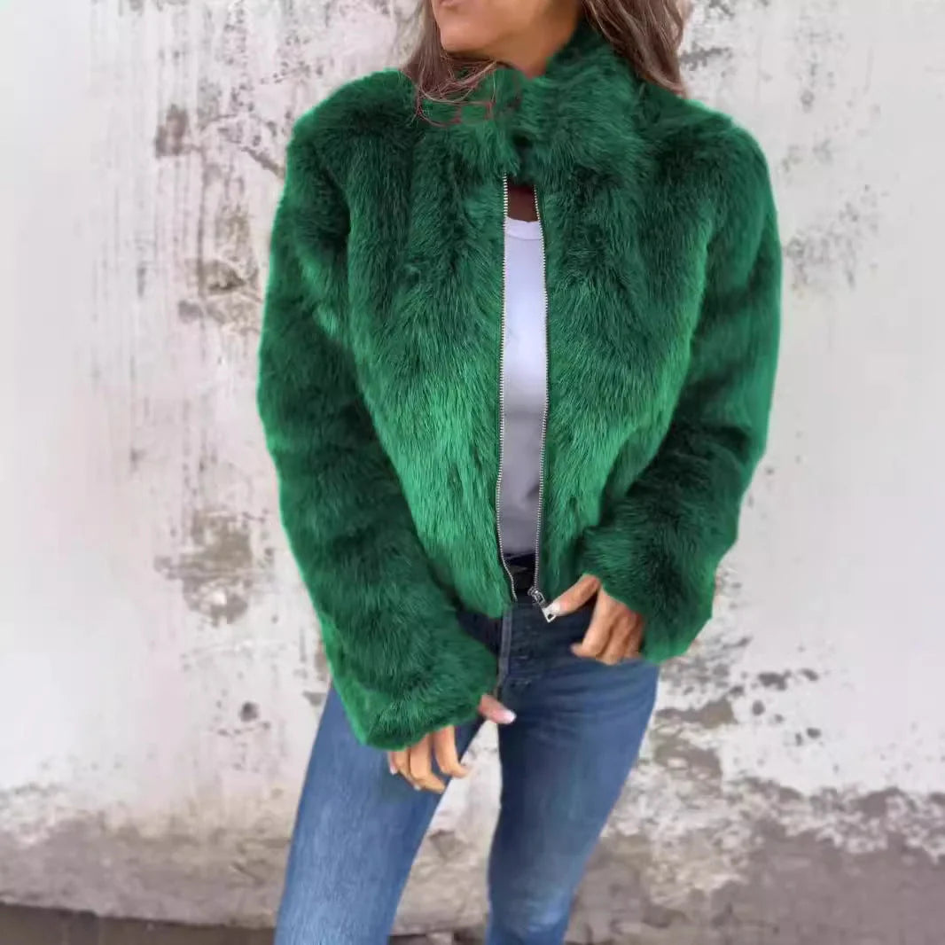Women's winter stand collar zipper fleece jacket in faux fur, available in multiple colours