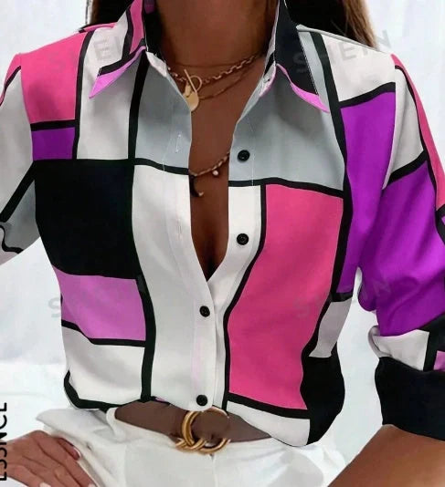 A colourblock printed casual blouse with long sleeves, perfect for everyday wear