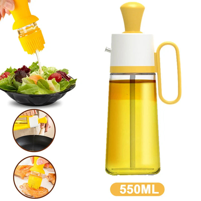 2-in-1 oil dispenser with silicone brush for BBQ and cooking, available in yellow, green, and brown