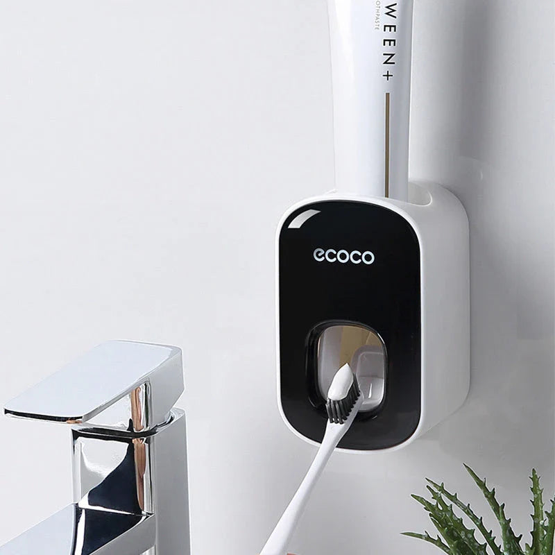 Wall-mounted automatic toothpaste dispenser with storage cups for toothbrush and bathroom accessories