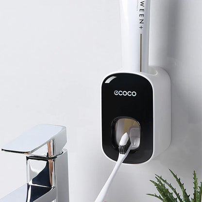 Wall-mounted automatic toothpaste dispenser with storage cups for toothbrush and bathroom accessories