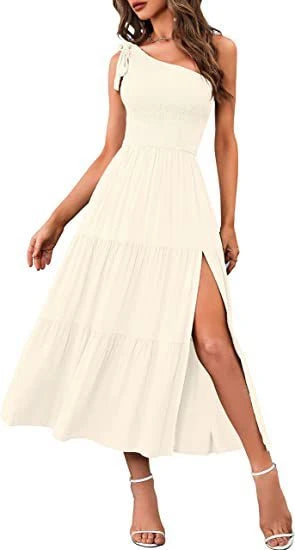 Stylish one-shoulder dress with pleated details, asymmetrical hemline, and leg-baring side slit in various colors