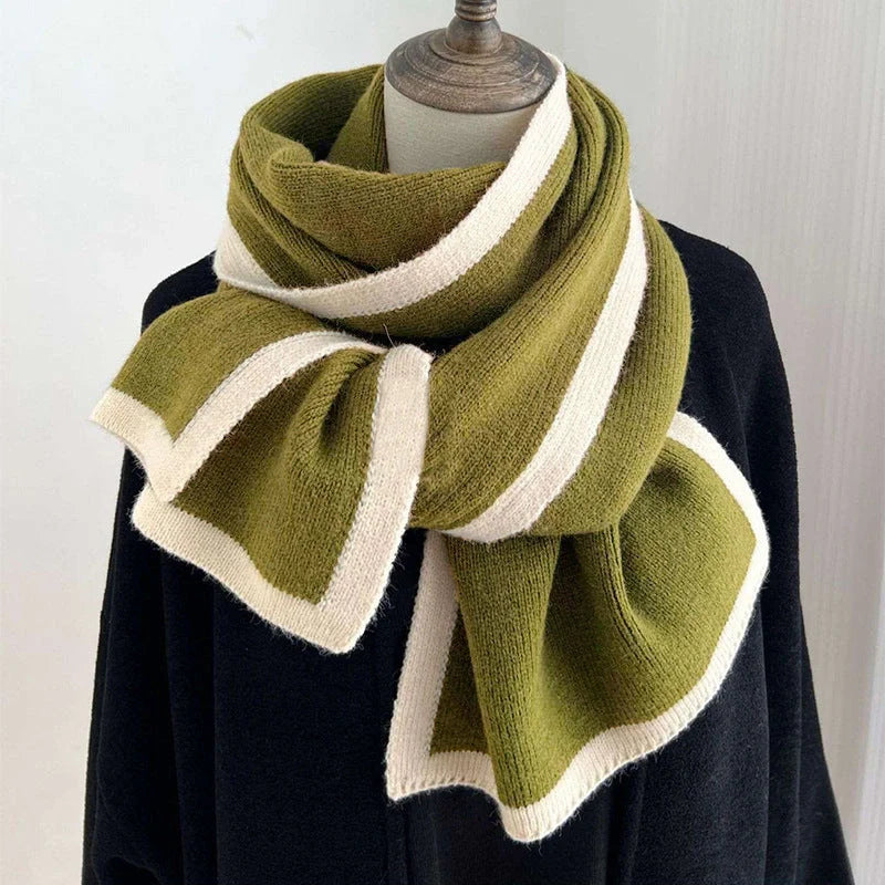Knitted wool scarf with colourful borders, perfect for winter fashion