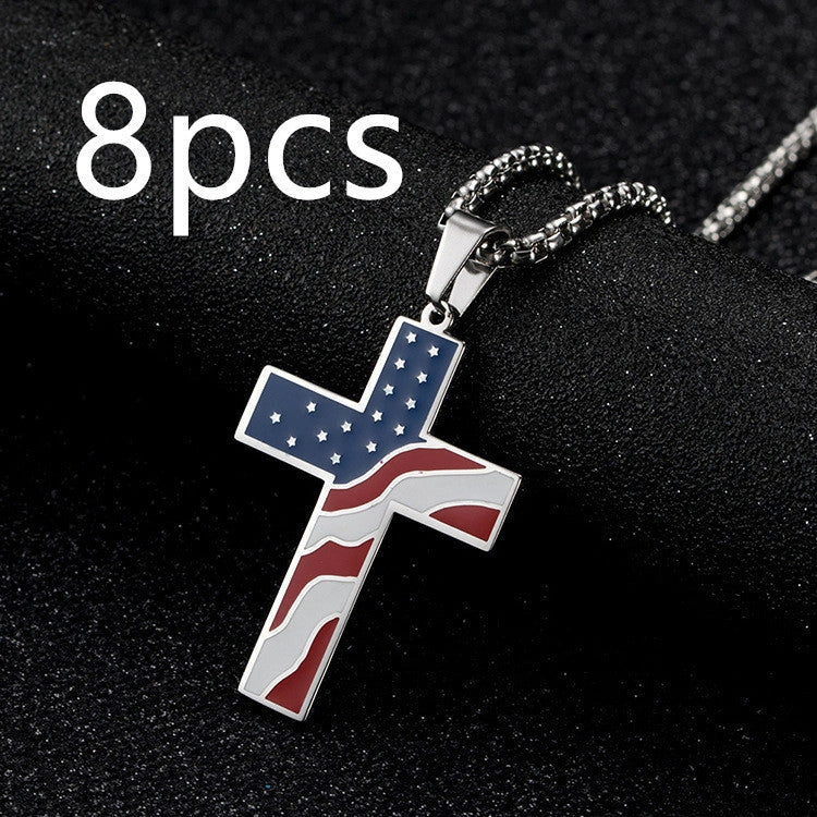 Stainless steel flag cross necklace for men, geometric design, polished finish.