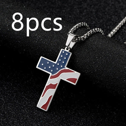 Stainless steel flag cross necklace for men, geometric design, polished finish.