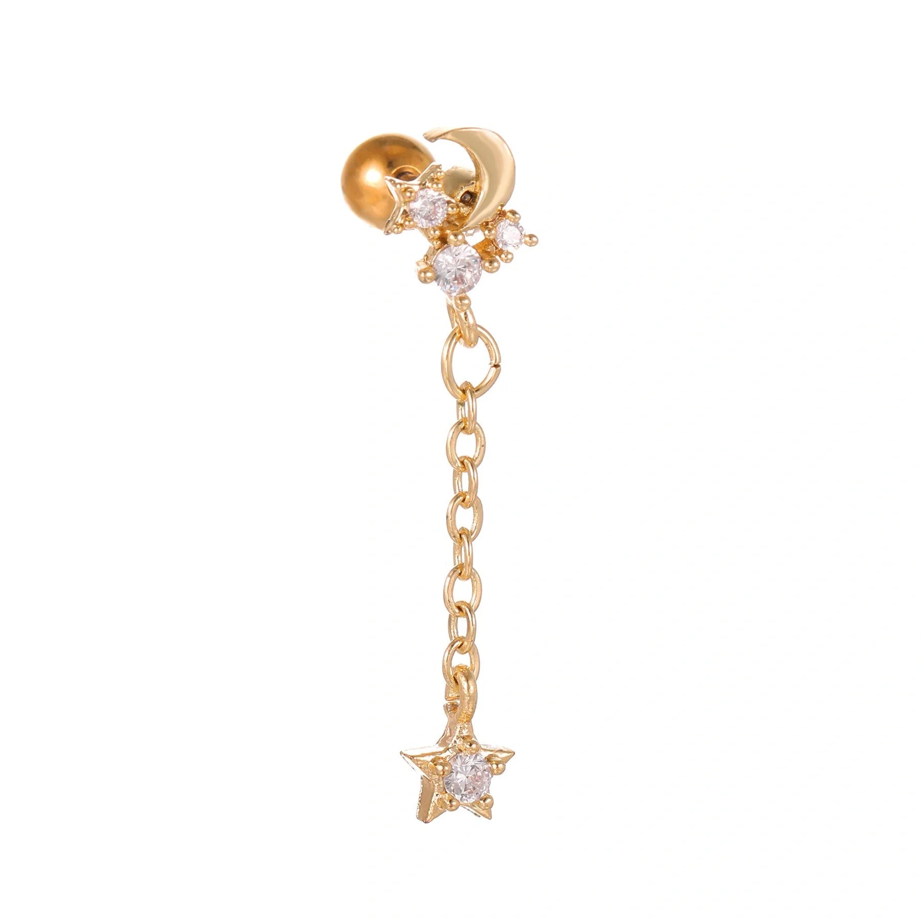 Star and Moon Cubic Zirconia Stainless Steel Cartilage Earring in gold and white K