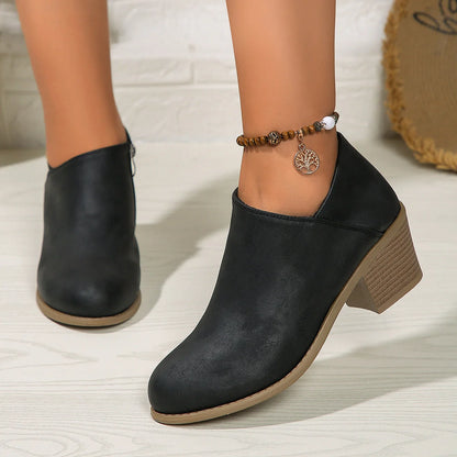 Women's chunky heel ankle boots with side zipper in navy blue, black, and khaki