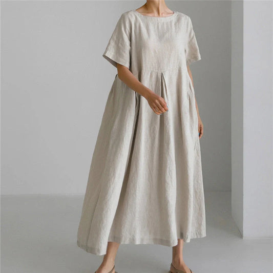 Relaxed Linen and Cotton Round Neck Dress in Navy Blue, Army Green, and Apricot Colours