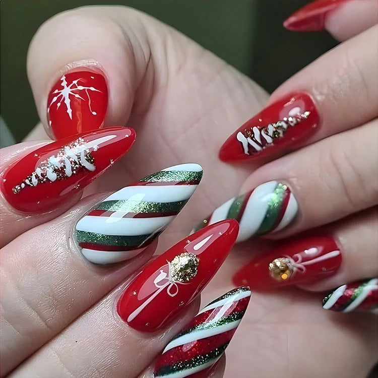 24pcs Christmas false nails with hat striped snowflake design for holiday parties