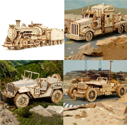 Premium wooden train model kit with detailed components and instructions for DIY assembly