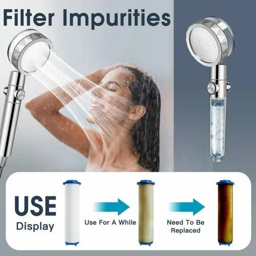 Modern minimalist high-pressure shower head with on/off switch and water-saving technology