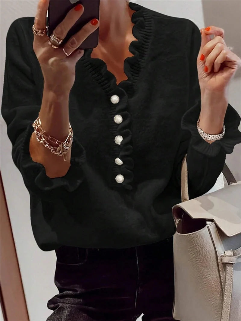 Stylish V-Neck Ruffled Knit Jumper in Black and White Colours for Women