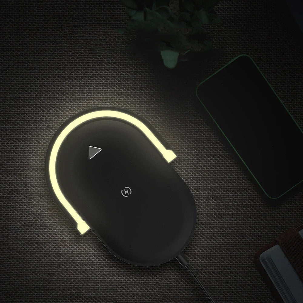 Foldable Wireless Charger with adjustable LED night light in white, black, green, and wood grain
