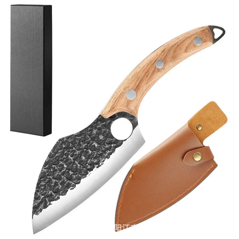 Forged High Carbon Steel Outdoor Bending Knife with PU leather cover and cowhide box