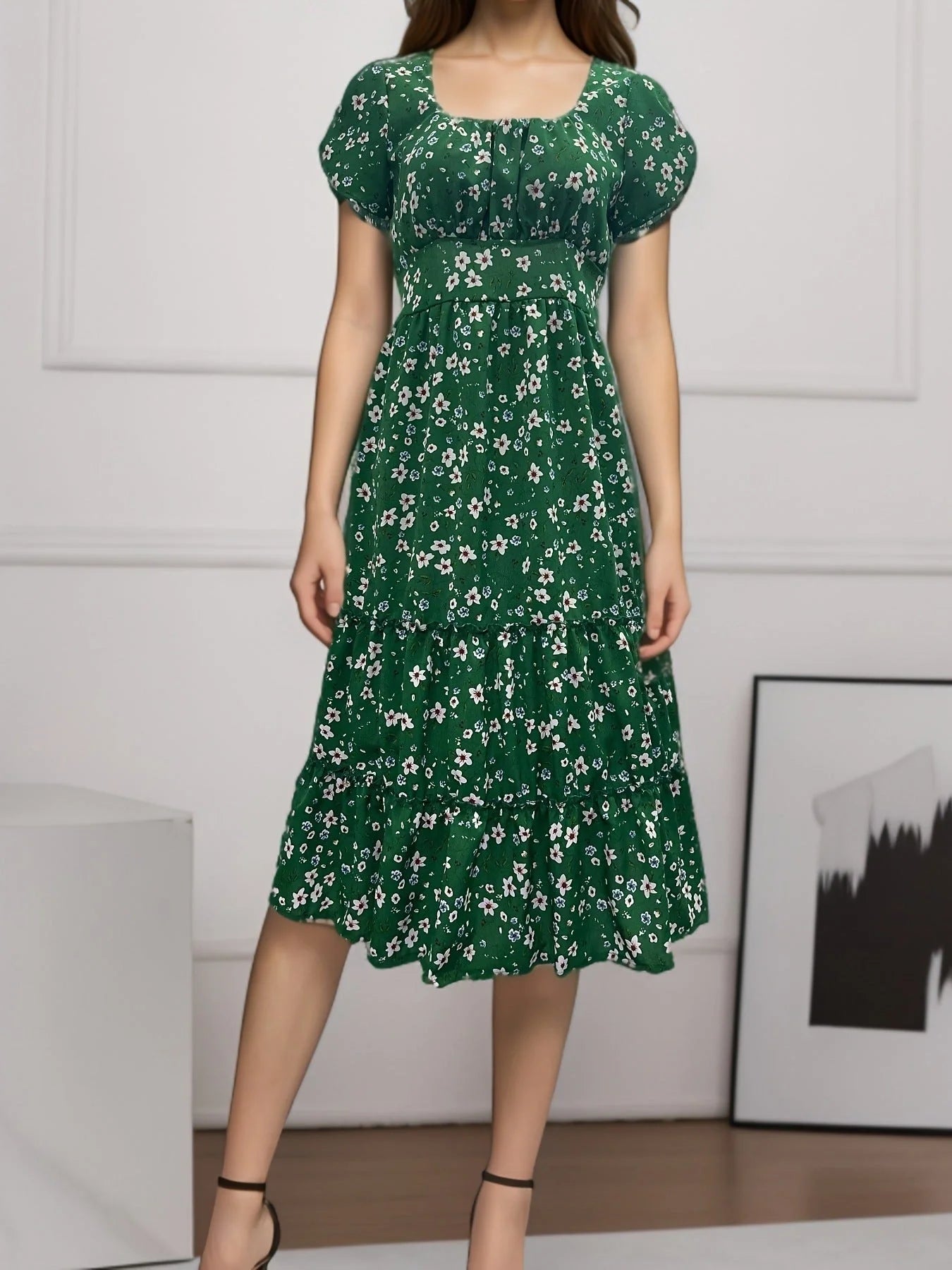 Elegant floral puff sleeve midi dress in various colours and patterns